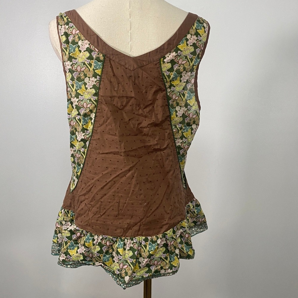 Vintage Y2K Fei L 100% Cotton Brown Green Boho Floral Swiss Dot Button Up Tank - Picture 4 of 8
